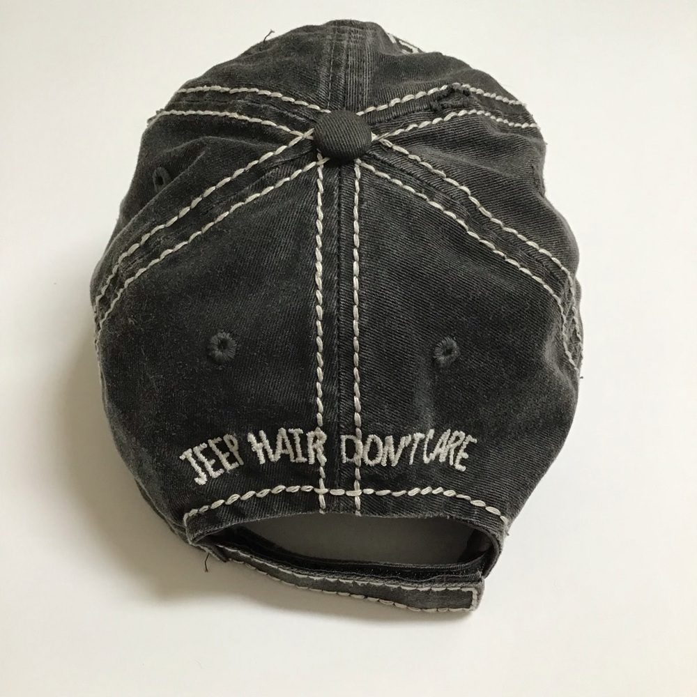 Jeep Hair Don’t Care Baseball Cap Gray Distress Hat Adjust Bling Grille Vintage - Picture 3 of 13